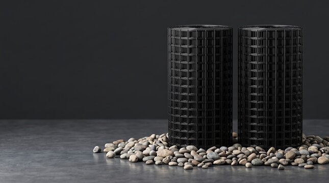 Black Geogrid Rolls on Smooth Pebbles with Dark Background