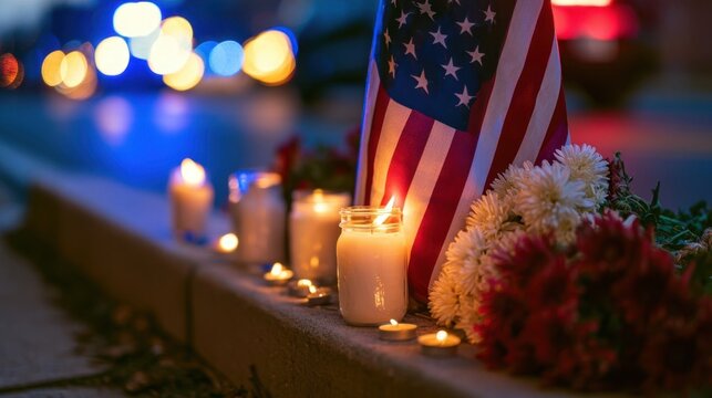Candlelit vigil with american flag and flowers at roadside memorial