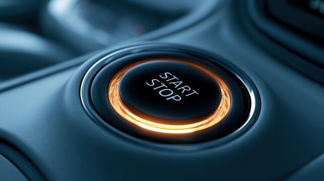 Car engine start stop button illuminated with orange ring