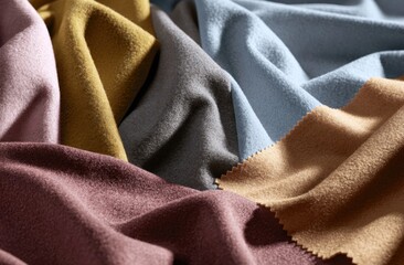 Fototapeta premium Collection of colorful woven fabric swatches with folded textures and soft draping in muted tones of pink, yellow, grey, blue, and brown