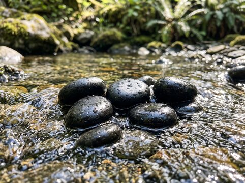 Smooth black river stones arranged naturally on mossy rocks near flowing water