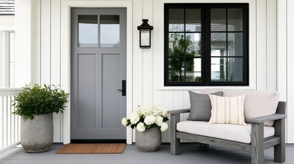 Fototapeta premium Contemporary farmhouse front porch entryway with gray door, black-framed windows, and comfortable seating area