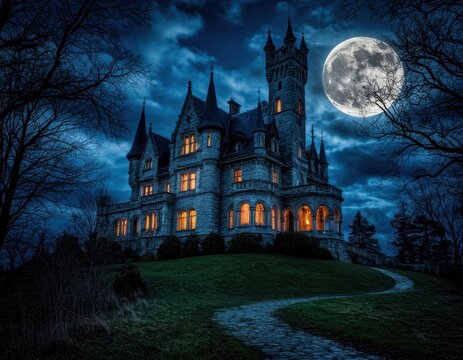 Gothic castle illuminated at night with a full moon in the sky, surrounded by dark trees and a winding path leading to the entrance