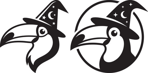 Naklejka premium Toucan bird wearing a wizard hat with stars and moon illustration silhouette design silhouette witchcraft halloween illustration wildlife