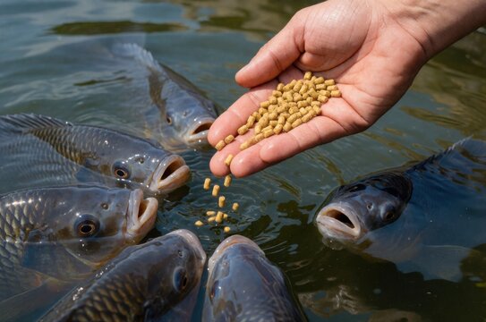 A human hand holds and drops fish food pellets into a pond while several fish wait with open mouths.