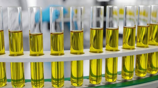 A close-up view of multiple glass test tubes filled with yellow liquid held in a white laboratory rack.