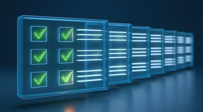 Digital interface showing multiple blue panels with green checkmarks and data lines