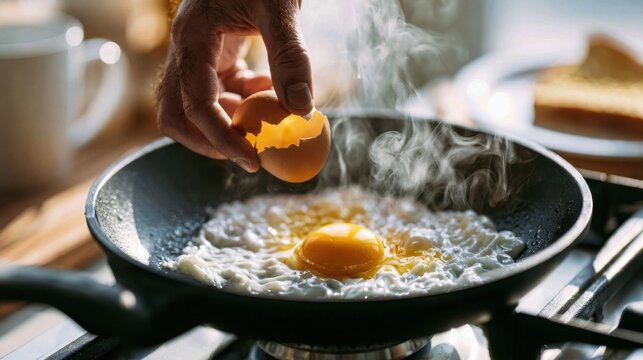 Person cracking a brown egg into a black frying pan with one egg already frying
