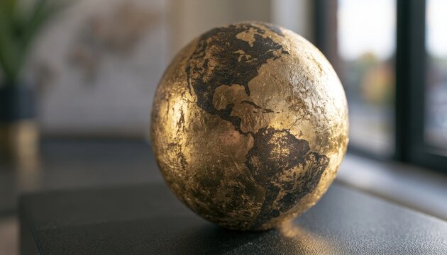 Entertainment award sculpture with dark brown continent details on a surface near a window