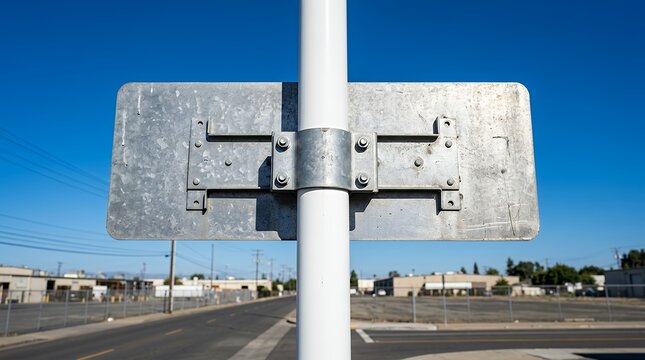 Backside perspective of an industrial metallic street sign mounted on a clean white pole beneath a vivid cloudless summer horizon  traffic sign metal pole sky blue blank rear view back