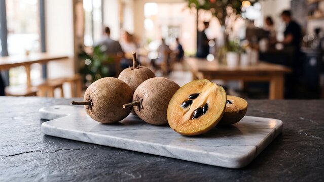 Fresh sapodilla fruits on a marble board in a blurred cafe setting