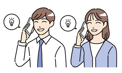 Fototapeta premium 笑顔で電話する若い男女の会社員のイラストセット