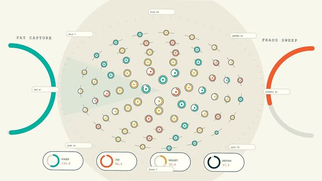 A digital checkout overlay presents circular graphical data nodes that expand and multiply across three progressive stages to demonstrate complex transaction flow and payment process monitoring