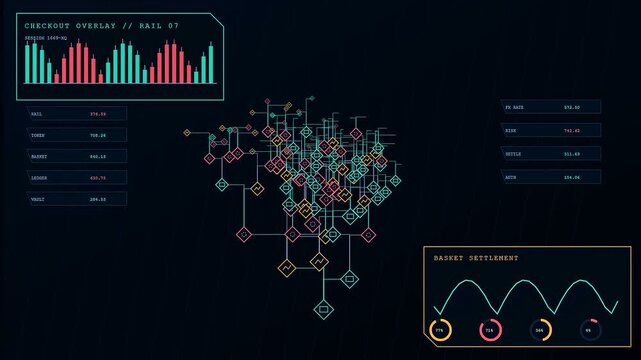 Digital checkout overlay displays evolving financial network connections and sine wave graphs across multiple frames showing iterative node expansions for complex data stream analysis of live metrics