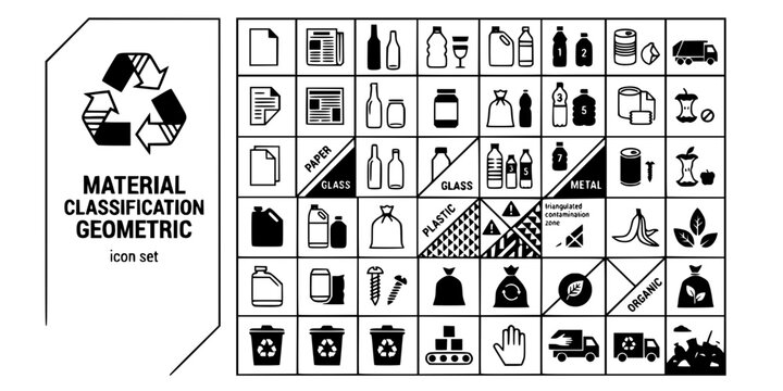 Waste Material Classification Geometric Black White-Paper Glass Plastic Metal Grid-Sorting Vector-Material Icon Geometric-Waste Sorting Design Set