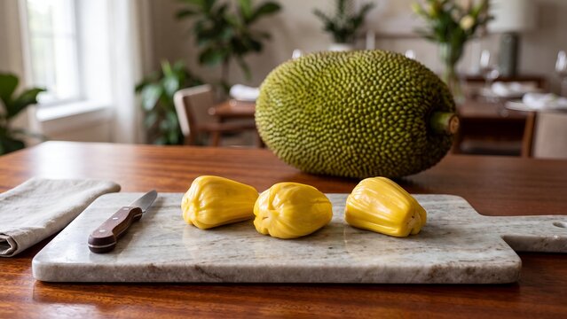 Fresh yellow jackfruit segments on marble cutting board in kitchen