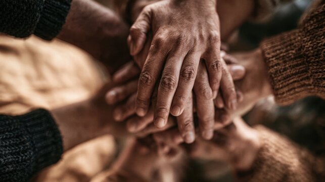 Group of diverse hands stacked together in unity