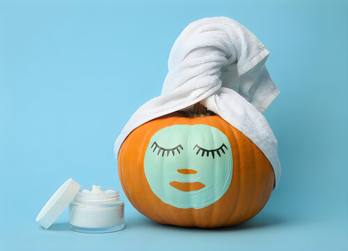 Creative pumpkin decorated with face mask design wrapped in towel with skincare product