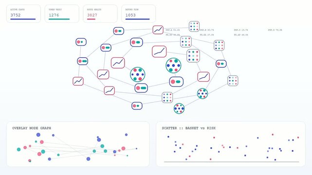 a checkout overlay visualizes complex network data nodes through a shifting digital interface of interconnected circles and fluctuating line graphs on a stark white screen display