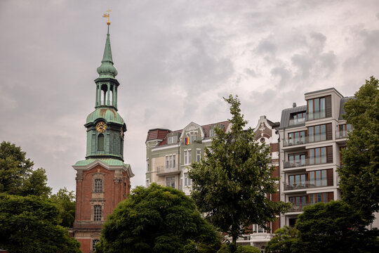 Hamburg, Germany - July 1, 2026: Tower of Hauptkirche St. Michaelis, known as the Michel, rising above Hamburg&rsquo;s Neustadt district, Germany.