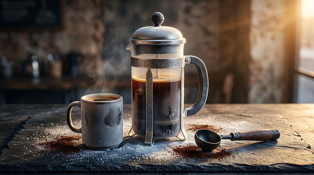 Hot steamy coffee brewing in a glass French press on a rustic textured countertop with scattered coffee grounds and a ceramic mug ready for a morning beverage