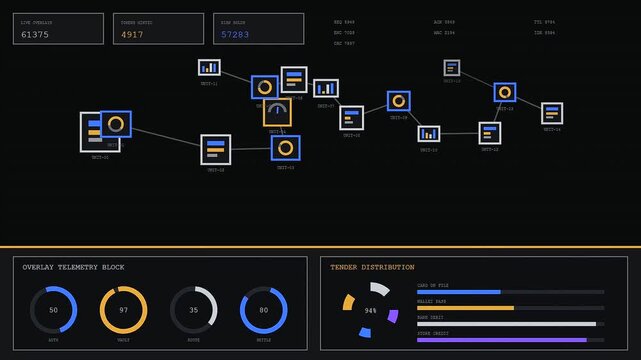A detailed checkout overlay interface displaying system analytics graphs data points and telemetry information panels across a dark digital monitoring screen