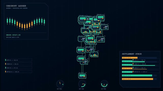 A sophisticated checkout overlay displayed on digital monitors features financial graphs analytics and transaction data charts moving across dark screens during software testing procedures