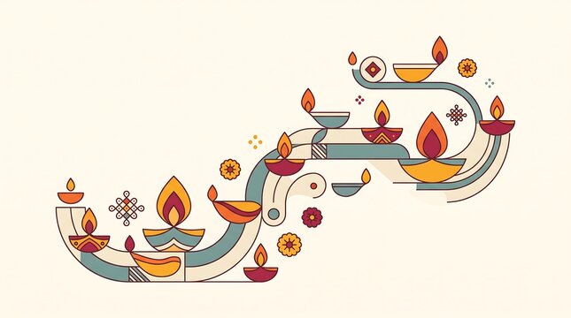 Diwali festival background with decorative oil lamps and abstract flowing lines.
