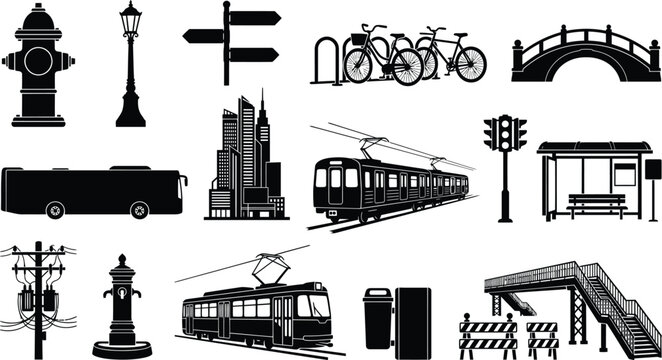 WebUrban infrastructure and public transportation silhouette icons including city skyline, vehicles, bridges, and street elements