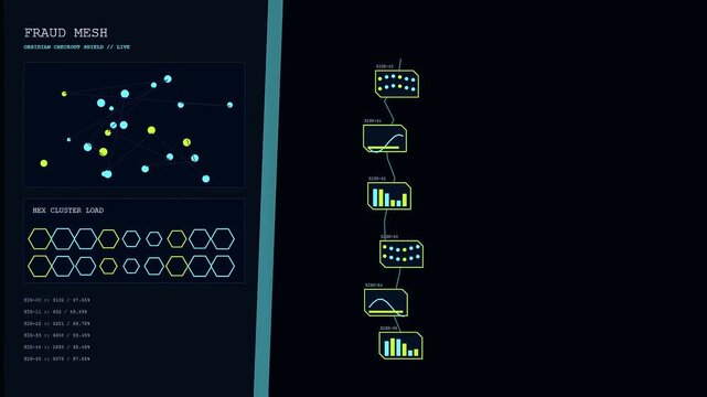 A detailed checkout overlay interface displaying animated network node connections and data cluster loading bars on a dark screen featuring subtle neon blue and yellow color accents