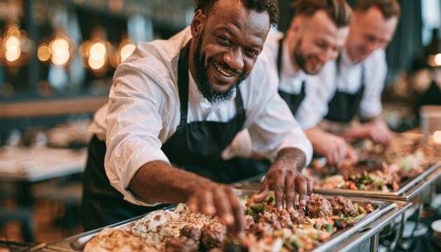 Smiling restaurant servers preparing dishes behind a buffet counter