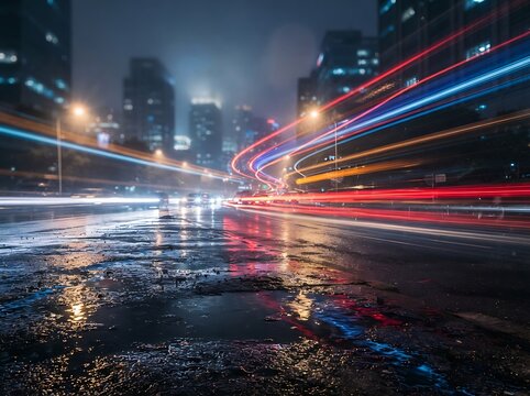 Night city street intersection with fast moving traffic light streaks and wet reflective pavement