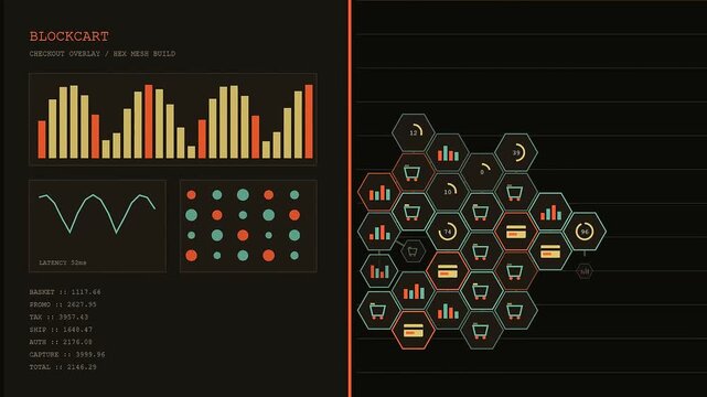 a digital checkout overlay interface displays dynamic bar charts and evolving hexagonal grid patterns while tracking financial data metrics on a dark glowing studio display