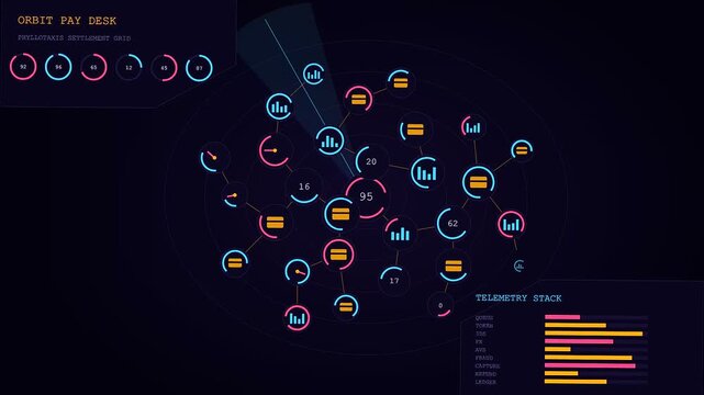 a glowing digital Checkout Overlay screen displays expanding network node clusters and animated data bar graphs inside a dark abstract virtual financial tracking interface environment