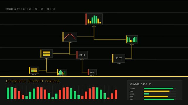 A digital checkout overlay displayed on dark monitor screens shows shifting financial statistics and complex data flow patterns evolving through changing graphical user interface elements