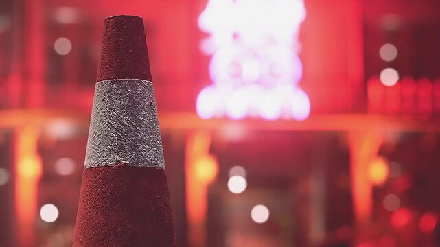 A red and white traffic cone is in focus while the lights of a busy city street glow in the background. The urban scene shows shops and vehicles at night.