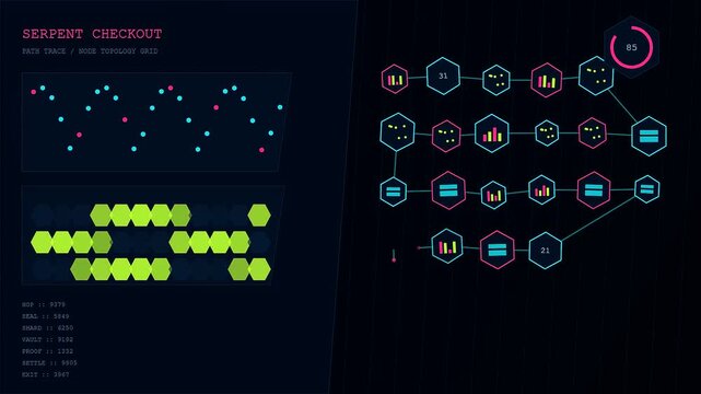 A digital checkout overlay showing complex network pathing nodes and data arrays flickering against dark screen surfaces while sequences of geometric shapes illuminate glowing grid displays