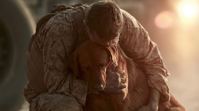 Soldier in digital camouflage uniform hugging a brown dog during sunset