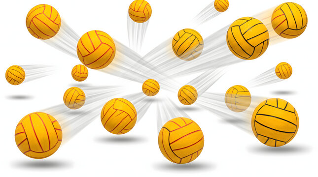 Yellow Volleyballs Scattered in Motion Across White Background