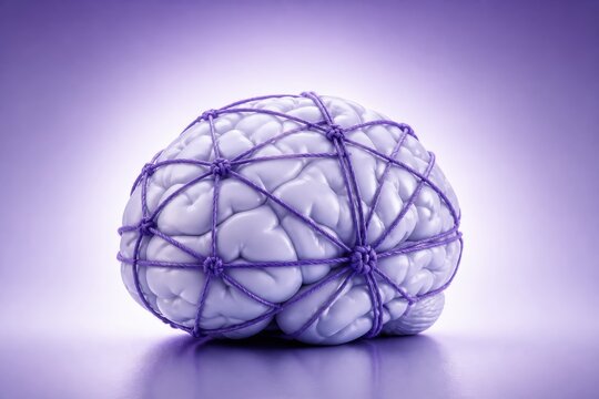 Cerebrum bound with rope on purple background as a mind control concept