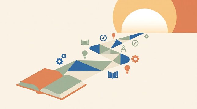 Open book with abstract path leading to a bright sun representing knowledge and growth.
