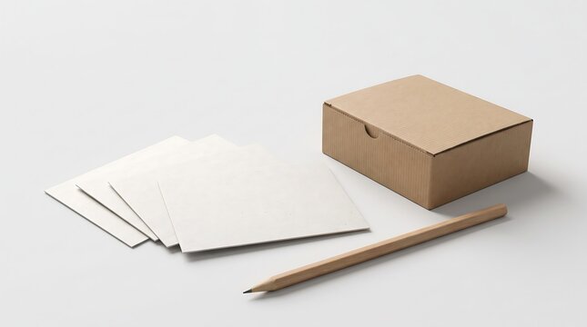 Blank stationery set with cardboard box and pencil on white background.