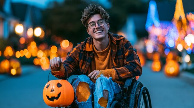 Person with a disability in a Halloween costume trick-or-treating