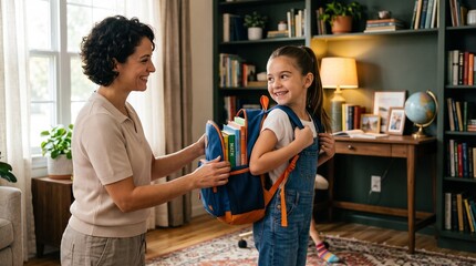 Fototapeta premium Commercial back-to-school stock photo of a loving mother helping her young daughter put on her backpack filled with school books at home.