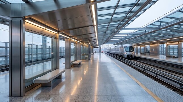 Modern elevated train station platform with a sleek arriving commuter train.