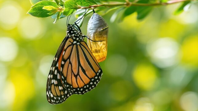 Monarch butterfly hanging from its chrysalis on a green branch