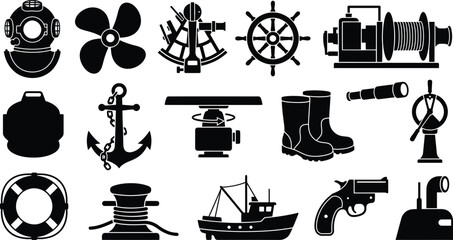 WebMaritime nautical silhouette icons featuring anchor, ship wheel, diving helmet, sextant, radar, and telescope © MdMotaharul