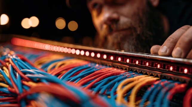 Technician's hand managing colorful ethernet cables in a server room patch panel with red led status lights