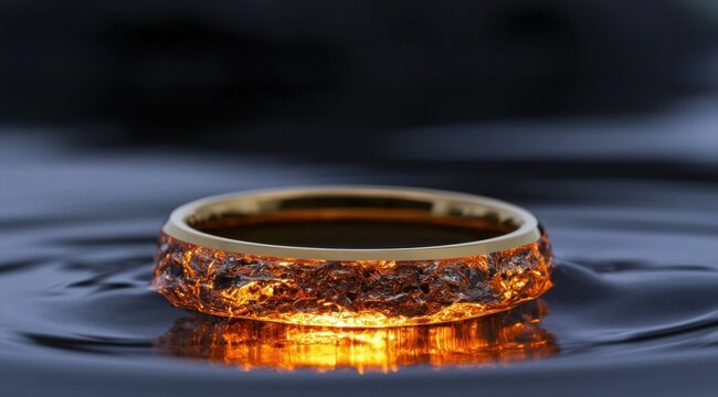 Thick gold colored ring with hammered texture on dark surface
