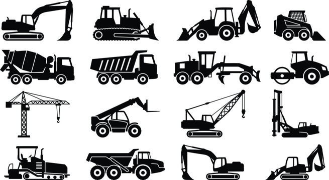 WebSixteen Construction Vehicle Silhouettes Featuring Excavator Bulldozer Crane Mixer Truck and Heavy Machinery